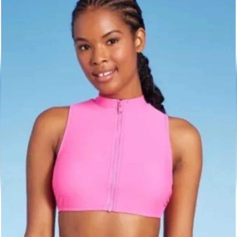 Women's Zip-Front Mock Neck Bikini Top - Wild Fable Pink S
